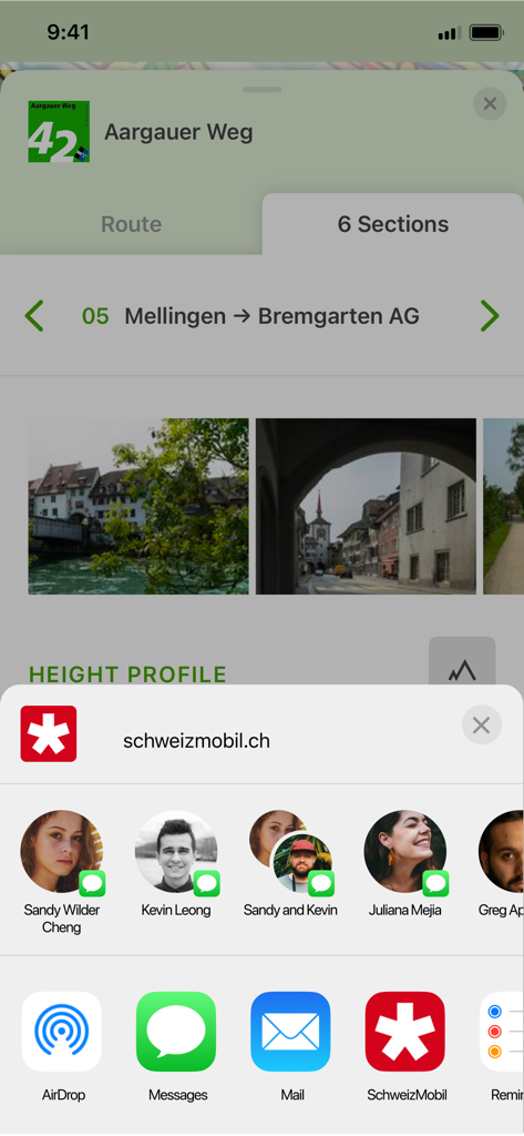 SwitzerlandMobility app displaying a hiking route detail screen with an open iOS share menu