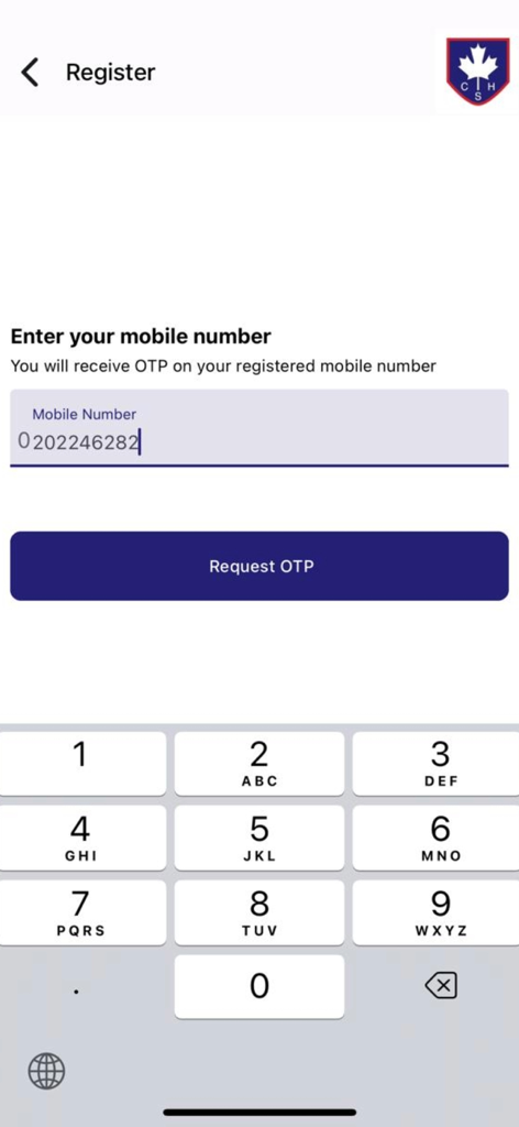 Tela de registro do aplicativo Canadian Specialist Hospital mostrando a entrada do número de celular para solicitação de OTP