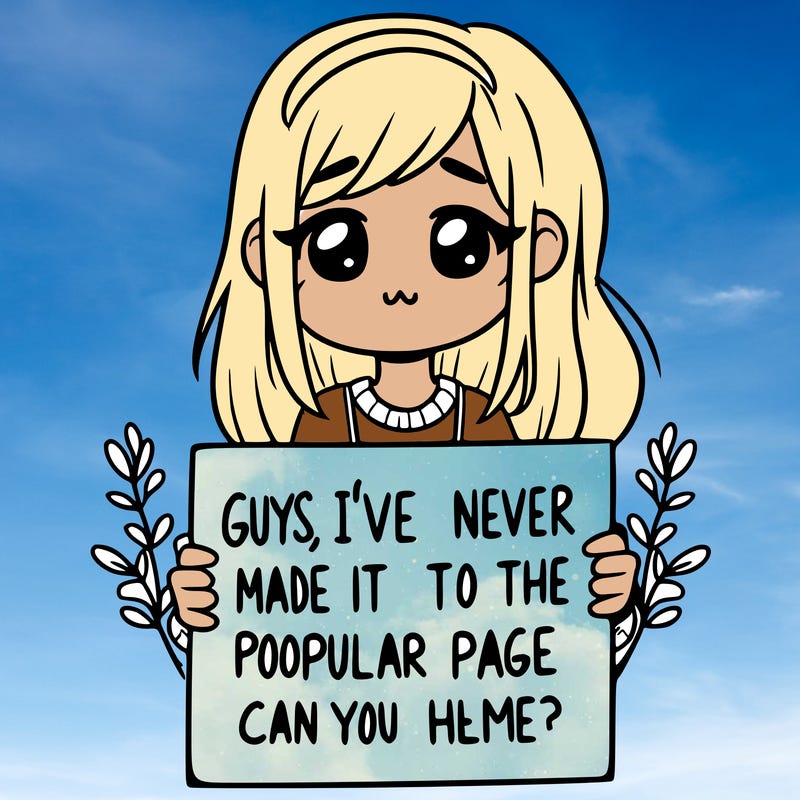 a girl holding up a sign that says, guys, i’ve never made it to the popular page, can you help me?