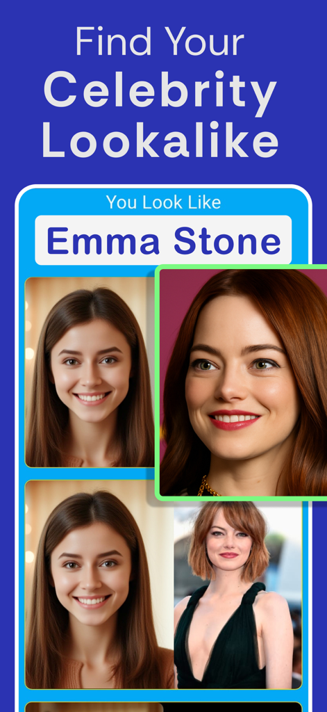 How Old Do I Look - Future Me - ユーザーとエマ・ストーンの有名人そっくり比較を示すモバイルアプリ画面。