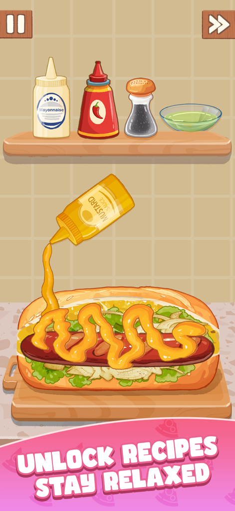 A cartoon hot dog sandwich being decorated with mustard in the Cookingdom app