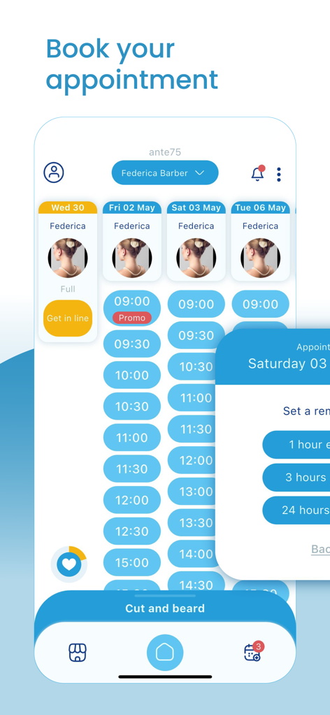 A mobile screen from the BarberApp showing a barber schedule with available time slots and a reminder setting option for a haircut appointment.