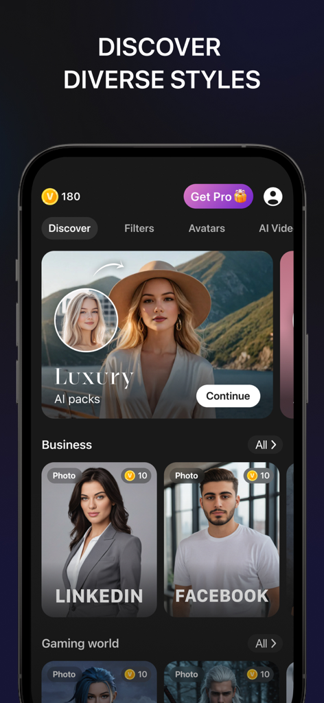 Oberfläche der Vity-App, die verschiedene KI-Fotostile zeigt, darunter professionelle LinkedIn- und lässige Facebook-Optionen