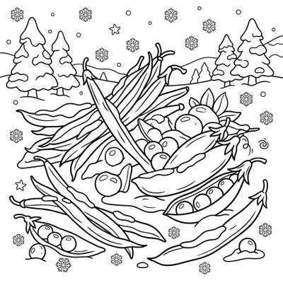 Discover a charming blend of nature's bounty and winter magic with this unique Green Beans & Peas coloring page. Adorned with delicate snowflakes and frosty pines, it's a delightful scene ready for your colorful imagination.