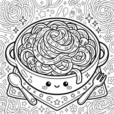 Indulge in a whimsical coloring experience with this adorable Kawaii Fettuccine Alfredo design, complete with a charming smiling face. Perfect for food lovers and fans of cute Japanese art, this page promises hours of creative fun.