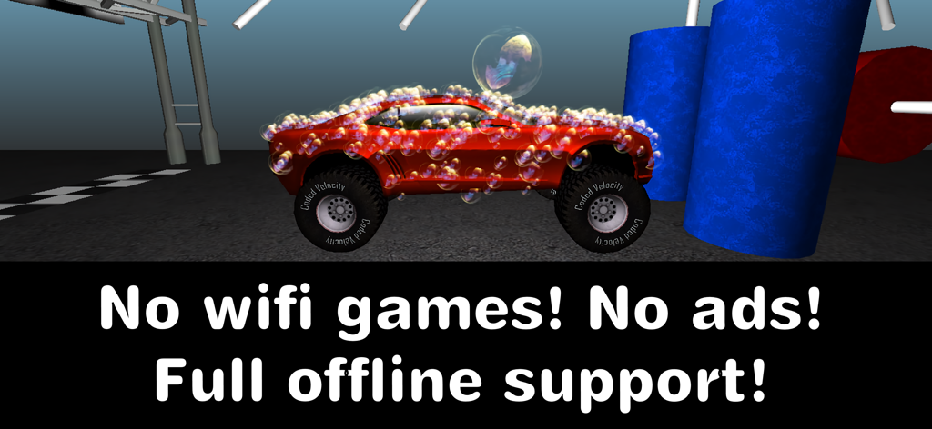Police Car Race Chase Sim 911 - Coche rojo cubierto de burbujas en un lavadero de coches con texto destacando el juego sin conexión y sin anuncios