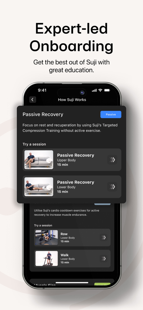 Suji app onboarding screen showing passive recovery and compression training options
