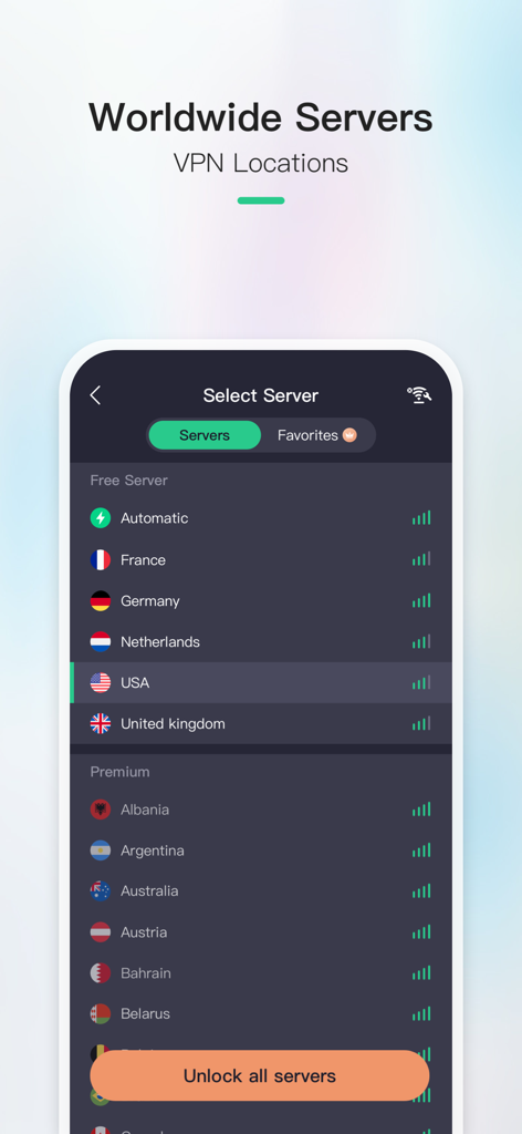 Now VPN app screen showing a list of free and premium worldwide server locations