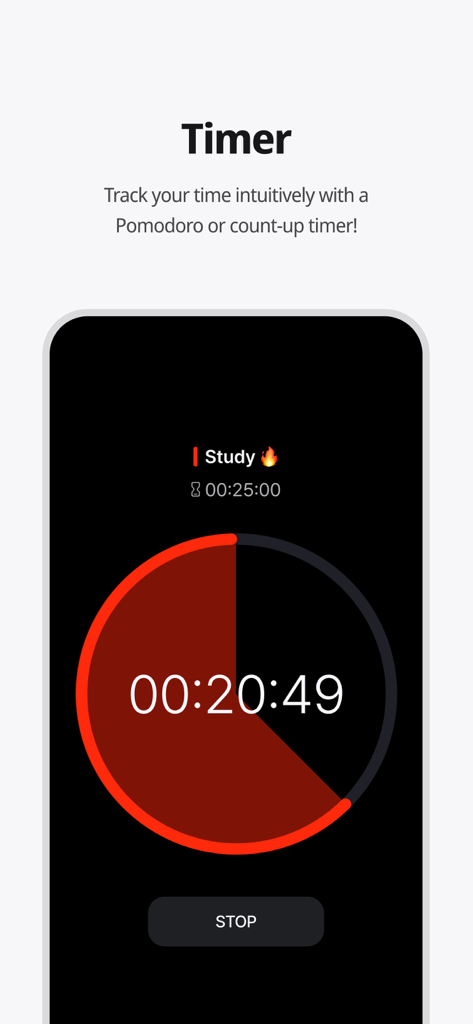 Dote Timer app interface showing a circular Pomodoro study timer countdown