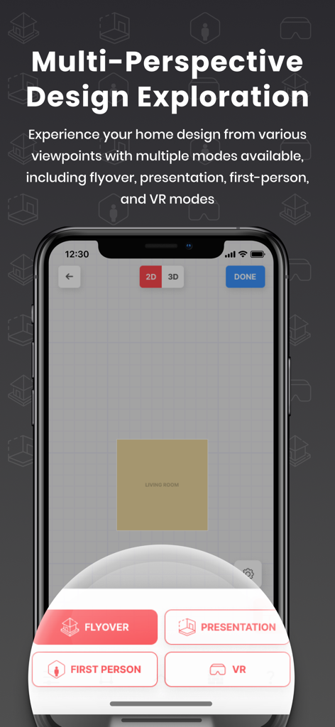 Abode - Home Design & Remodel - Interfaz de la aplicación Abode que muestra modos de exploración de diseño de viviendas multiperspectiva, incluidos RV y vista aérea.