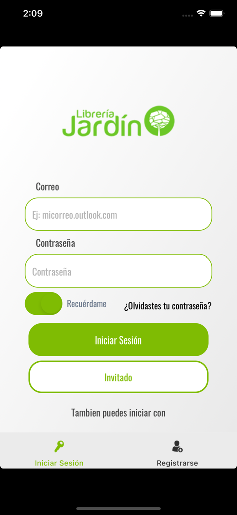 Librería Jardín - Login screen of the Libreria Jardin mobile app featuring email and password fields in Spanish