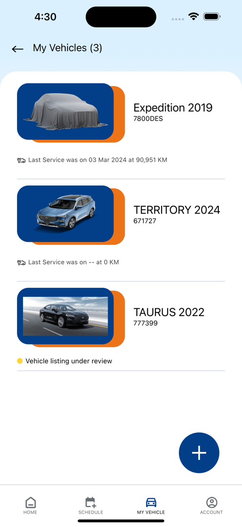 Aljazirah Vehicles - Interface of the Aljazirah Vehicles app showing the My Vehicles screen with a list of cars and their service maintenance history