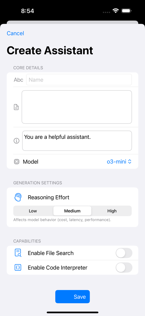 OpenAssistant - Interface for creating a custom AI assistant with o3-mini model and reasoning effort settings
