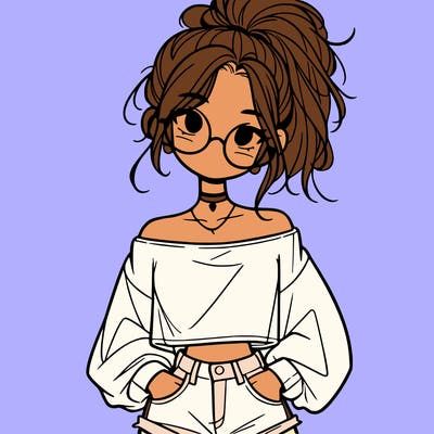 girl with a messy ponytail glasses a baggy crop top and jean shorts