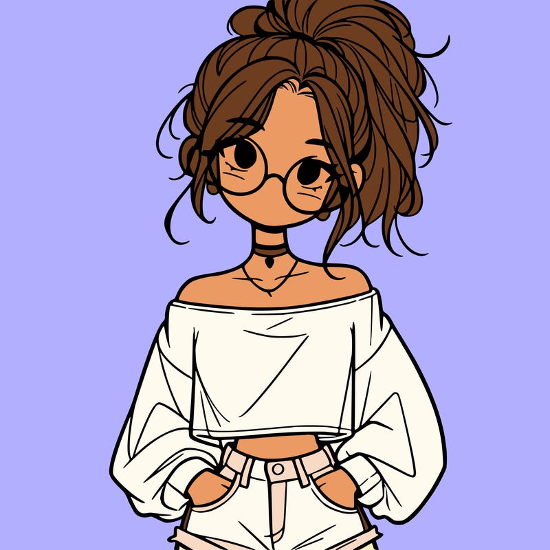 girl with a messy ponytail glasses a baggy crop top and jean shorts