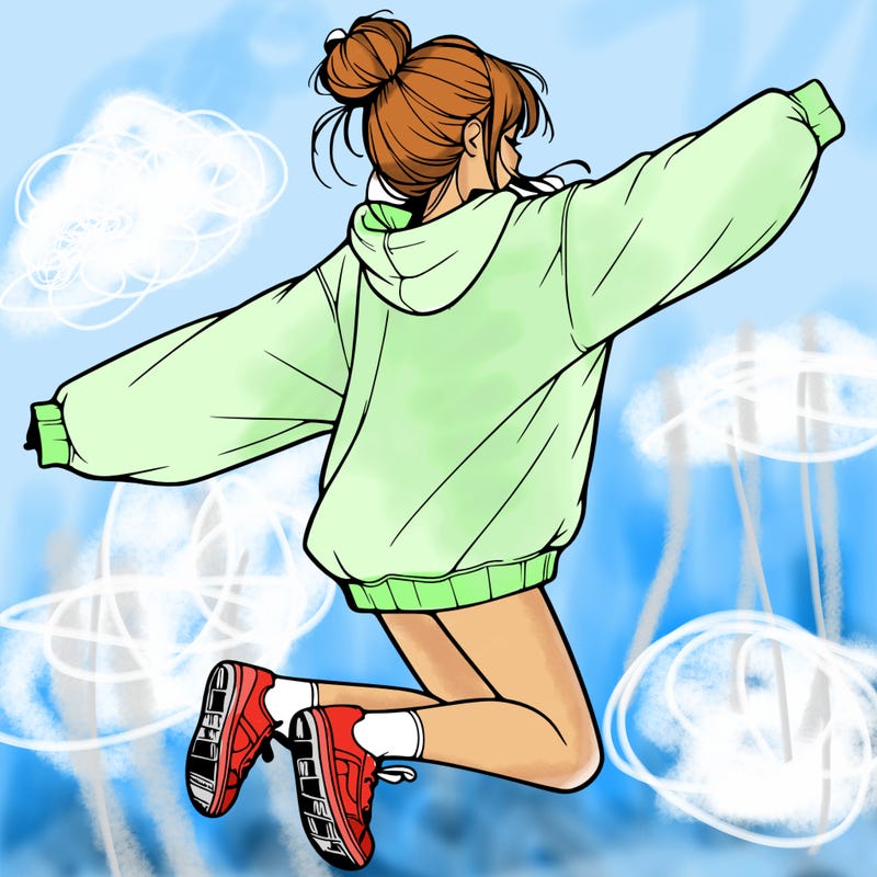 realistic girl jumping with a bun and oversized sweatshirt