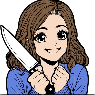 a realistic girl holding a knife and grinning