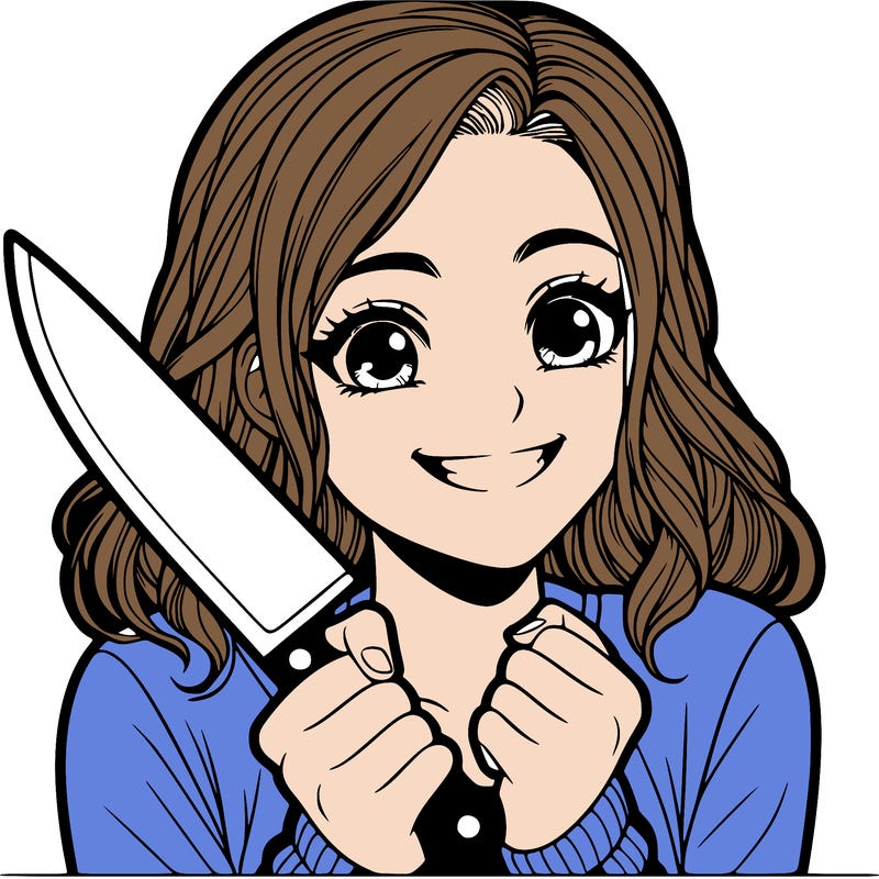 a realistic girl holding a knife and grinning