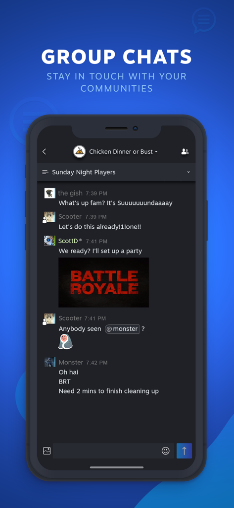 Steam Chat - Ein Screenshot der Steam Chat App, der eine Gruppennachricht zwischen Gamern mit Rich Media und Emojis zeigt.