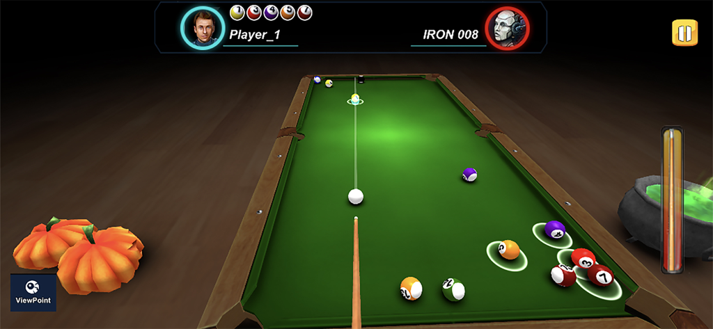 8 Ball Billiards 9 Pool Games - A game of 8 ball billiards featuring a pool table with Halloween themed pumpkins and cauldron decorations