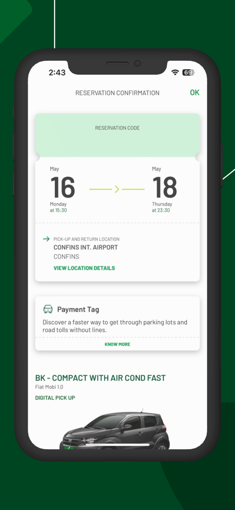 Localiza Rent A Car - Reservation confirmation screen in the Localiza app showing car details and pickup location at Confins Airport