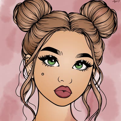 realistic girl with two buns on her hair and lips