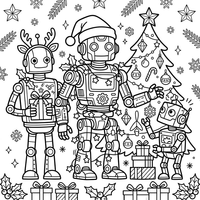 Gear up for a high-tech holiday with our Digital Robots Christmas coloring page! This delightful scene features charming robots ready to celebrate, perfect for sparking festive creativity.