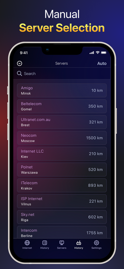 Pantalla de selección de servidor manual en la aplicación Speedtest analizador WiFi que muestra ubicaciones y distancias de servidores disponibles