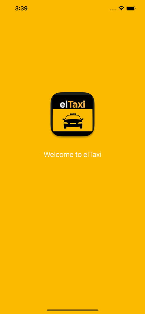 elTaxi TSP - Schermata di benvenuto dell'app elTaxi con il logo dell'azienda e uno sfondo giallo