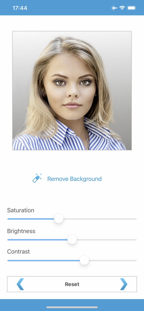 Biometric Passport Photo - Editing interface of the Biometric Passport Photo app with photo adjustment sliders