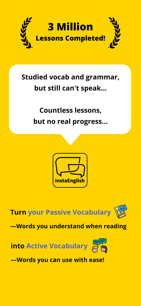 InstaEnglish—Speak&Learn Fast - Pantalla promocional de la aplicación InstaEnglish que muestra cómo convertir el vocabulario pasivo en vocabulario activo para la fluidez al hablar.