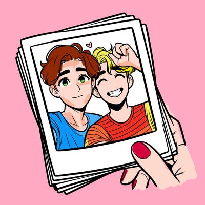 realistic, best friends taking a polaroid picture