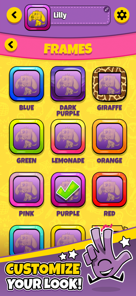 Schermata di selezione dei riquadri avatar nell'app mobile Spot It Go che mostra varie opzioni di bordo colorate per i profili dei giocatori.