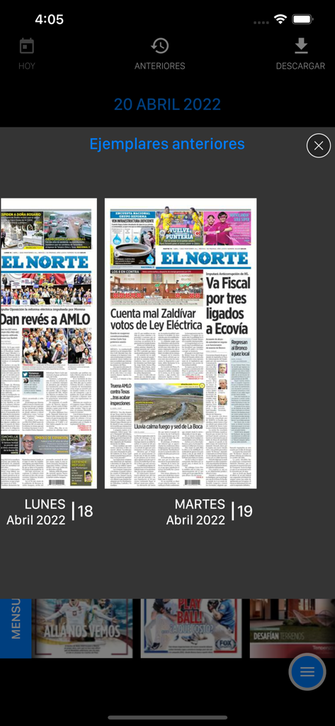 Pantalla de archivo digital de la aplicación EL NORTE mostrando ediciones anteriores del periódico diario