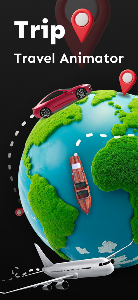 Travel Animator 3D Video-TripQ - A 3D globe featuring animated travel routes with a car boat and airplane around map pins
