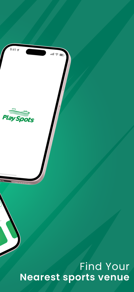 PlaySpots Lite - PlaySpots Lite App Splash Screen auf einem iPhone, das das Logo und den Text Find Your Nearest sports venue auf grünem Hintergrund anzeigt