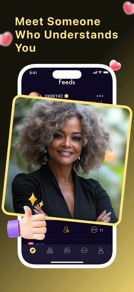 Screenshot dell'app di incontri Silverly che mostra il feed del profilo di una donna sorridente con capelli argentati e il titolo Incontra qualcuno che ti capisce.