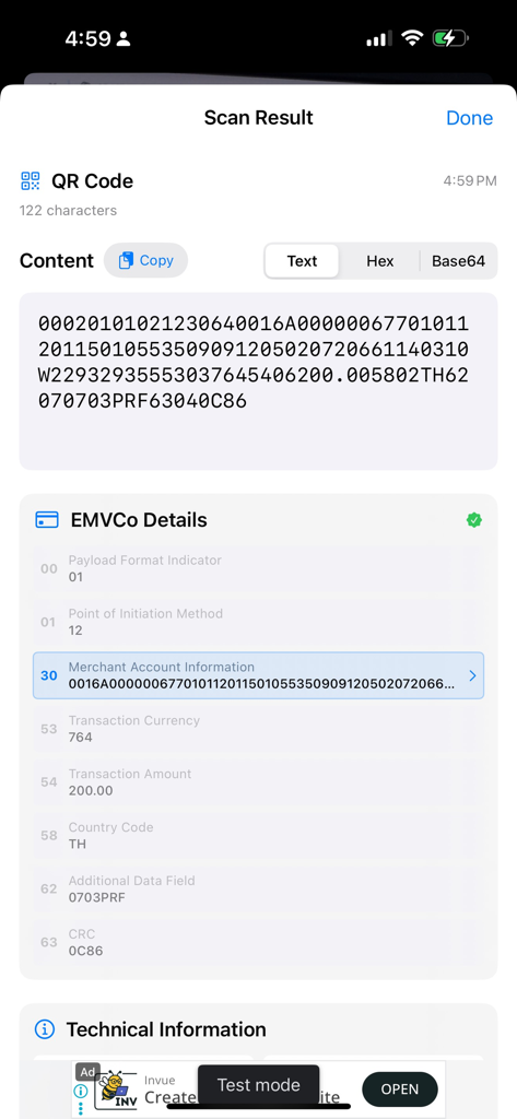 Technical scan result showing EMVCo payment data and merchant information