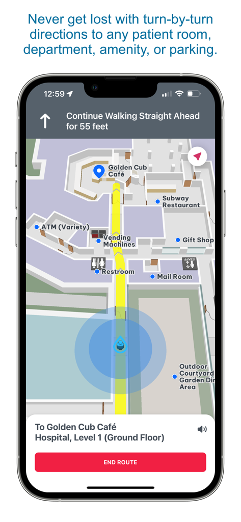 My Nicklaus Children's - A smartphone showing the indoor wayfinding feature of the My Nicklaus Children's app with turn by turn directions to the Golden Cub Cafe.