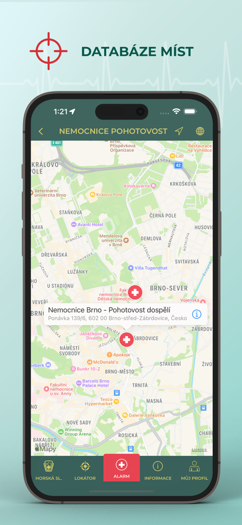 Map view in the Záchranka app displaying nearby emergency hospitals and medical facilities