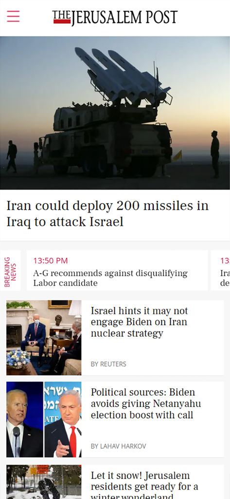 The Jerusalem Post - The Jerusalem Post app interface featuring news headlines about Israel and the Middle East