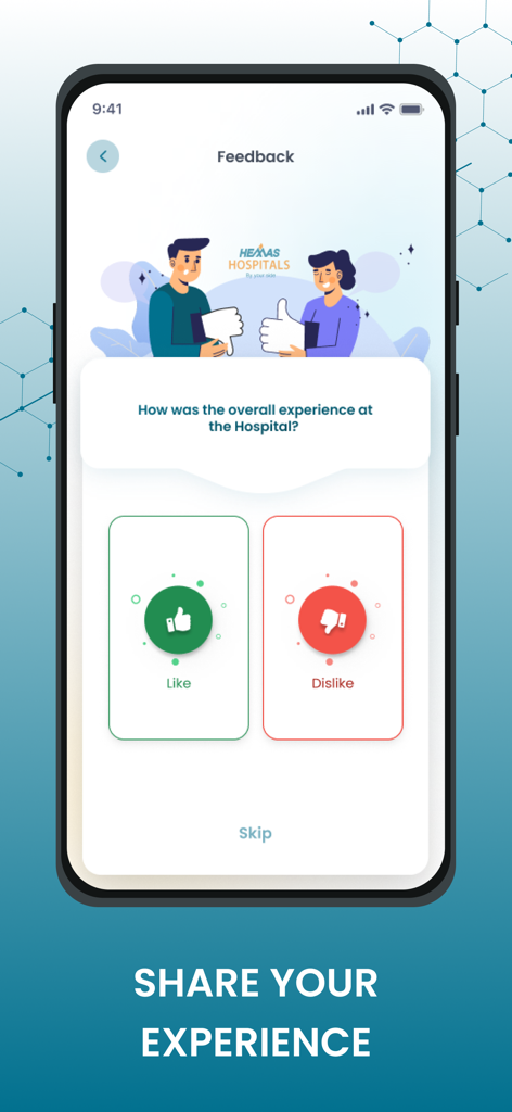 Hemas Health - Schermata di feedback nell'app Hemas Health per valutare l'esperienza ospedaliera.