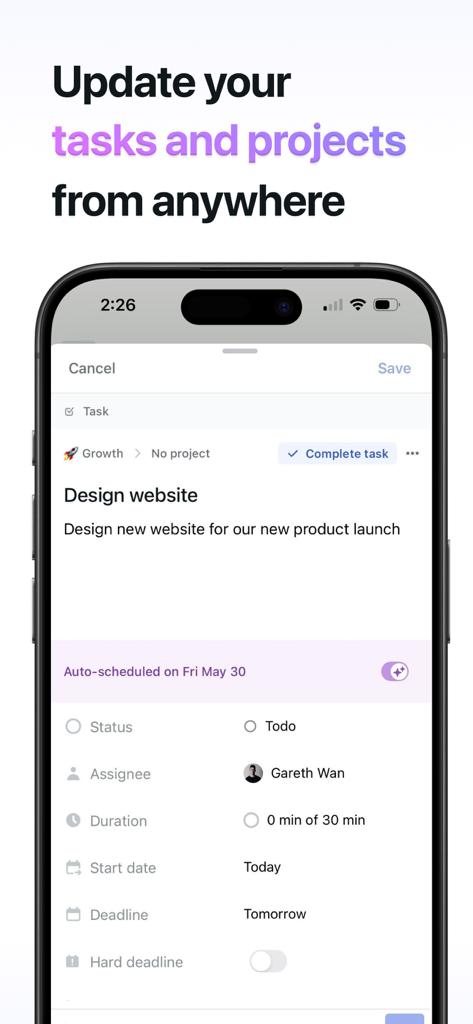 Motion: Tasks & AI Scheduling - Motion mobile app interface showing task details and AI scheduling for a professional project