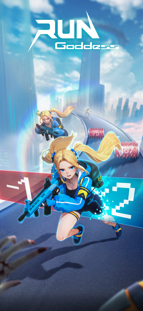 Run! Goddess - An anime girl with a blue rifle running through a futuristic city in the mobile game Run Goddess