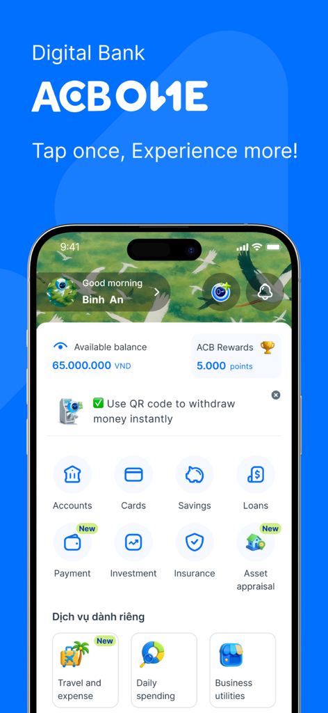 ACB ONE - Interface do aplicativo de mobile banking ACB ONE exibindo saldo da conta e ícones de serviços financeiros