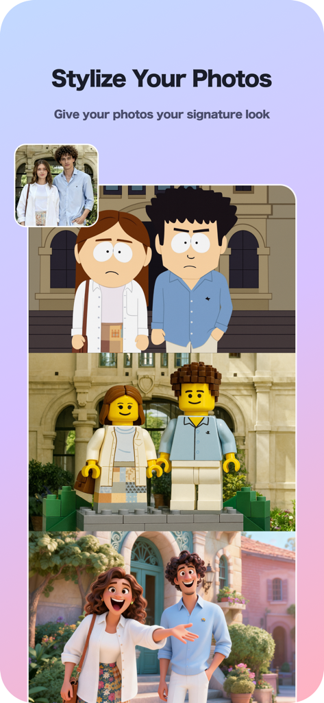 AI カートゥーン レゴとアニメーション フィルターを使用して写真のスタイル設定を示す LittyVibe インターフェイス