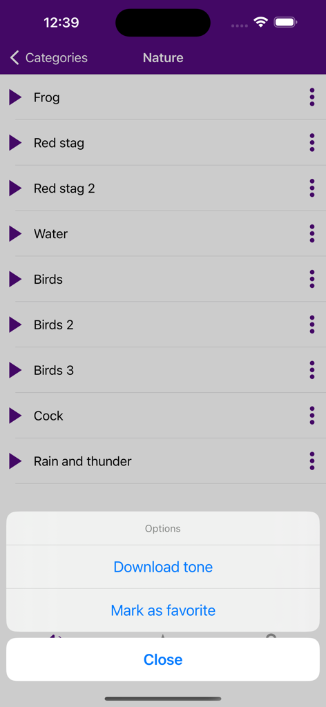 Notification Sounds Ringtones - A list of nature-themed notification sounds including bird chirps and rain with a download options menu