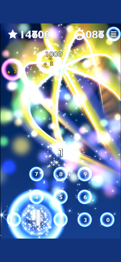 脳トレ HAMARU 暇つぶしパズルでひまつぶしゲーム学習 - A screenshot of HAMARU brain training app showing mental math puzzles with sparkly firework visual effects and a number pad