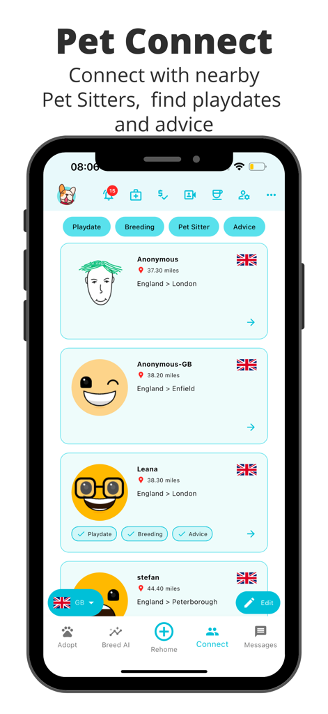 Pets Home: Rehome & Adopt Pets - Pets Home app screen showing nearby users for pet playdates sitters and advice