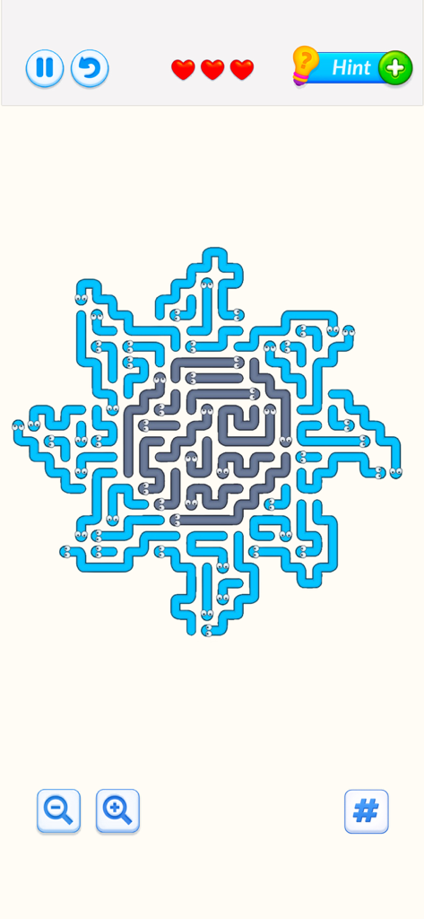 Snake Arrows Puzzles Escape - Intricate circular layout of blue and grey snake arrows on a minimalist puzzle board